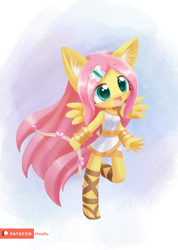 Size: 1000x1407 | Tagged: safe, artist:howxu, character:fluttershy, species:anthro, bow (weapon), clothing, cupid, cute, ear fluff, female, floating wings, open mouth, shyabetes, solo, toga, wings