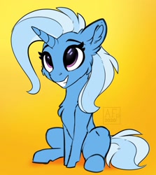 Size: 3118x3500 | Tagged: safe, artist:airfly-pony, character:trixie, species:pony, species:unicorn, cheek fluff, chest fluff, chibi, cute, diatrixes, ear fluff, female, grin, high res, mare, simple background, sitting, smiling, solo, yellow background