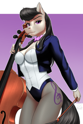 Size: 2000x3000 | Tagged: safe, alternate version, artist:mykegreywolf, character:octavia melody, species:anthro, species:earth pony, g4, abstract background, bow (instrument), bow tie, breasts, busty octavia, cello, cleavage, clothing, cutie mark, digital art, ear fluff, eyebrows, female, fishnet clothing, fishnet pantyhose, high res, hoers, leotard, mare, musical instrument, pantyhose, signature, simple background, solo, thong leotard, three quarter view, tuxedo