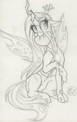 Size: 2222x3500 | Tagged: safe, artist:airfly-pony, character:queen chrysalis, species:changeling, changeling queen, cute, cutealis, female, heart, sitting, solo, traditional art