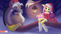 Size: 1920x1080 | Tagged: safe, artist:howxu, character:discord, character:fluttershy, species:anthro, bare shoulders, christmas, clothing, costume, cute, discute, hat, holiday, lantern, looking at you, off shoulder, patreon, patreon logo, present, santa costume, santa hat, shyabetes, sitting, snow, snowfall, winter
