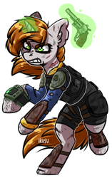 Size: 1199x1911 | Tagged: safe, artist:lrusu, oc, oc only, oc:littlepip, species:pony, species:unicorn, fallout equestria, angry, bruised, clothing, fanfic, fanfic art, female, glowing horn, gritted teeth, gun, handgun, hooves, horn, levitation, little macintosh, magic, mare, pipbuck, pipleg, revolver, scar, simple background, solo, telekinesis, vault suit, weapon, white background