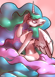 Size: 2480x3508 | Tagged: safe, artist:lrusu, character:princess celestia, species:anthro, breasts, clothing, looking at you, looking back, looking back at you, sitting, underwear