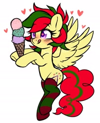 Size: 1789x2209 | Tagged: safe, artist:hawthornss, oc, oc only, oc:attraction, species:pegasus, species:pony, clothing, femboy, food, heart, heart eyes, ice cream, licking, licking lips, male, socks, solo, striped socks, tongue out, trap, wingding eyes, wings