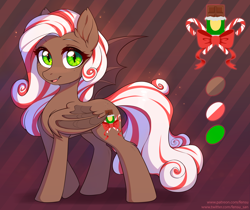 Size: 3000x2520 | Tagged: safe, artist:fensu-san, oc, oc only, species:bat pony, bat pony oc, christmas, cute, cutie mark, fangs, folded wings, freckles, green eyes, grin, holiday, looking at you, ocbetes, open mouth, reference sheet, smiling, smiling at you, solo, wings