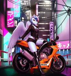 Size: 3077x3300 | Tagged: safe, artist:mykegreywolf, oc, oc only, oc:chrysocolla dawn, species:anthro, species:pegasus, species:pony, anthro oc, boots, city, clothing, commission, cyberpunk, digital art, female, high res, honda, jacket, light, looking at you, mare, midriff, motorcycle, shoes, shorts, solo, thigh boots