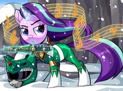 Size: 2048x1522 | Tagged: safe, artist:centchi, character:starlight glimmer, species:pony, species:unicorn, clothing, dragon dagger, dragon ranger, female, glowing horn, green ranger, horn, knife, kyoryu sentai zyuranger, mighty morphin power rangers, music notes, power rangers, snow, solo, super sentai, windswept mane