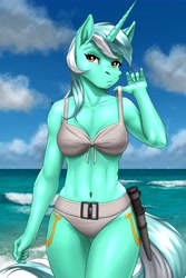 Size: 4000x6000 | Tagged: safe, alternate version, artist:mykegreywolf, character:lyra heartstrings, species:anthro, species:pony, species:unicorn, g4, absurd resolution, belly button, bikini, bond girl, breasts, cleavage, clothing, cloud, commissioner:citizenwolf, cutie mark, dr. no, female, honey ryder, james bond, knife, mare, midriff, ocean, sky, solo, swimsuit, ursula andress