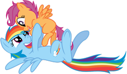 Size: 1169x684 | Tagged: safe, artist:kysss90, artist:mickeymonster, character:rainbow dash, character:scootaloo, species:pegasus, species:pony, backwards cutie mark, blank flank, cute, cutealoo, dashabetes, duo, eye contact, female, filly, holding a pony, hoof hold, lifting, looking at each other, lying down, mare, midair, on back, scootalove, show accurate, simple background, transparent background, vector