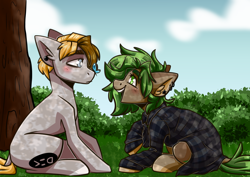 Size: 3508x2480 | Tagged: safe, artist:lrusu, oc, oc only, oc:primitive, species:earth pony, species:pony, blushing, butterfly, butterfly on nose, clothing, dappled sunlight, dock, duo, ear piercing, earring, insect on nose, jewelry, looking at each other, piercing, shirt, sitting
