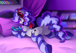 Size: 4444x3087 | Tagged: safe, artist:airiniblock, oc, oc only, oc:cinnabyte, species:earth pony, species:pony, absurd resolution, bed, bedroom, butt, clothing, commission, crossover, cutie mark, dragapult, featureless crotch, female, glasses, headset, headset mic, mare, nintendo switch, perrserker, pillow, playing, pokemon sword and shield, pokémon, shiny pokémon, socks, solo, striped socks