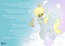 Size: 5000x3500 | Tagged: safe, artist:fluffyxai, character:derpy hooves, species:pegasus, species:pony, bubble, chest fluff, cloud, cute, derpy day, derpy day 2020, female, flying, food, inspirational, letter, mail, mare, muffin, smiling, text