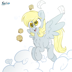 Size: 3500x3500 | Tagged: safe, artist:fluffyxai, character:derpy hooves, species:pegasus, species:pony, bubble, cute, derpabetes, derpy day, derpy day 2020, female, flying, food, letter, male, mare, muffin, simple background, smiling, transparent background