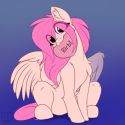 Size: 3500x3500 | Tagged: safe, artist:airfly-pony, part of a set, oc, oc only, oc:peach hack, species:pegasus, species:pony, birb, blue background, eye clipping through hair, female, heart, looking at you, mare, mouth hold, simple background, sitting, ych result