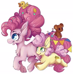 Size: 2014x2048 | Tagged: safe, artist:cutepencilcase, character:li'l cheese, character:pinkie pie, species:earth pony, species:pony, episode:the last problem, g4, my little pony: friendship is magic, candy in hair, chest fluff, duo, ear fluff, female, fluffy, high res, male, mama pinkie, mare, mother and child, mother and son, older, older pinkie pie, rubber duck, simple background, smiling, teddy bear, white background