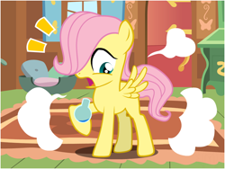 Size: 800x600 | Tagged: safe, artist:flash equestria photography, character:fluttershy, species:pegasus, species:pony, age regression, bottle, butterscotch, colt, fluttershy's cottage, implied age regression, indoors, male, open mouth, potion, rule 63, show accurate, solo, surprised