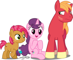 Size: 1534x1266 | Tagged: safe, artist:austiniousi, artist:j-pinkie, artist:jeatz-axl, artist:tomfraggle, edit, editor:slayerbvc, character:babs seed, character:big mcintosh, character:sugar belle, species:earth pony, species:pony, species:unicorn, ship:sugarmac, blushing, cousins, embarrassed, female, filly, looking down, male, mare, missing accessory, raised hoof, scissors, shipping, shorn fetlocks, simple background, sitting, smiling, stallion, straight, transparent background, vector, vector edit