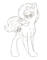 Size: 2400x3100 | Tagged: safe, artist:fluffyxai, oc, species:pony, species:unicorn, accessory, black and white, glasses, grayscale, looking at you, monochrome, sketch, smiling, solo, standing