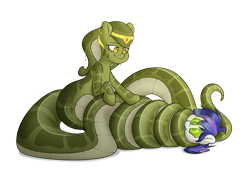 Size: 5000x3500 | Tagged: safe, artist:fluffyxai, oc, oc only, oc:hotsun, oc:melyssa, species:lamia, species:pony, accessories, coiling, coils, happy, hypnosis, hypnotized, jewelry, male, original species, simple background, smiling, snake pony, stallion, transparent background, wrapped up