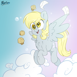Size: 3500x3500 | Tagged: safe, alternate version, artist:fluffyxai, character:derpy hooves, species:pegasus, species:pony, blushing, chest fluff, cloud, cute, derpabetes, ear fluff, envelope, eye clipping through hair, female, flying, food, high res, leg fluff, letter, mare, muffin, open mouth, solo, spread wings, wings