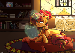 Size: 3508x2480 | Tagged: safe, artist:lrusu, character:princess celestia, character:sunset shimmer, species:pony, species:unicorn, g4, book, bookshelf, colored eyebrows, eyebrows, eyebrows visible through hair, female, glowing horn, horn, levitation, lying down, magic, magic aura, mare, picture frame, pillow, prone, reading, telekinesis, white pupils