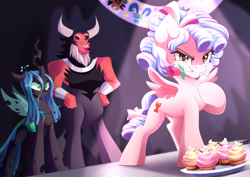 Size: 3496x2480 | Tagged: safe, artist:airiniblock, character:cozy glow, character:grogar, character:lord tirek, character:queen chrysalis, species:centaur, species:changeling, species:pegasus, species:pony, episode:frenemies, g4, my little pony: friendship is magic, banner, better way to be bad, bow, bracer, changeling queen, cheek fluff, crown, cupcake, curly mane, dessert, evil grin, female, filly, flower, flower in mouth, foal, food, grin, hair bow, hand on hip, high res, hoof on chest, jewelry, legion of doom, looking at you, male, mare, mouth hold, nose piercing, nose ring, open mouth, piercing, plate, regalia, rose, scene interpretation, smiling, smiling at you, spotlight, standing, tail bow, trio