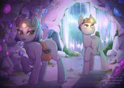 Size: 3626x2598 | Tagged: safe, artist:yukomaussi, character:maud pie, character:mudbriar, species:earth pony, species:pony, ship:maudbriar, bag, cave, female, gem, gem cave, headlamp, male, missing cutie mark, saddle bag, shipping, straight, waterfall