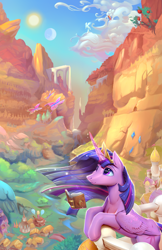 Size: 2200x3400 | Tagged: safe, artist:viwrastupr, character:twilight sparkle, character:twilight sparkle (alicorn), species:alicorn, species:pony, episode:the last problem, g4, my little pony: friendship is magic, apple, balcony, balloon, book, butterfly, cloud, crown, diamond, female, food, high res, implied applejack, implied fluttershy, implied pinkie pie, implied rainbow dash, implied rarity, jewelry, mare, moon, older, older twilight, ponyville, princess twilight 2.0, regalia, scenery, sky, solo, sun