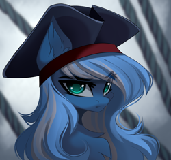 Size: 3333x3128 | Tagged: safe, artist:airiniblock, oc, oc only, oc:vivid tone, species:earth pony, species:pony, clothing, commission, female, hat, high res, long hair, looking at you, mare, not luna, pirate hat, ship, solo