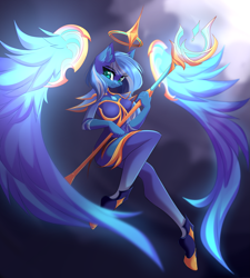 Size: 3909x4338 | Tagged: safe, artist:airiniblock, oc, oc only, oc:vivid tone, species:anthro, species:pegasus, species:pony, species:unguligrade anthro, absurd resolution, anthro oc, clothing, commission, female, floating wings, league of legends, looking at you, mare, not luna, scepter, smiling, soraka, staff, wand, wings