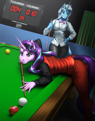 Size: 2527x3238 | Tagged: safe, artist:mykegreywolf, character:starlight glimmer, character:trixie, species:anthro, species:pony, species:unicorn, billiard ball, billiards, bow tie, clothing, commissioner:citizenwolf, competition, concentrating, cue ball, duo, eyebrows, eyelashes, eyes on the prize, female, leaning, leaning forward, leaning on table, mare, pool cue, pool table, scoreboard, thigh gap, vest