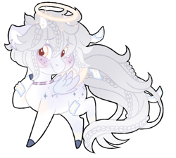 Size: 1024x921 | Tagged: safe, artist:azure-art-wave, oc, oc:mjoll, species:pegasus, species:pony, blushing, chibi, halo, horns, simple background, solo, transparent background, two toned wings, wings