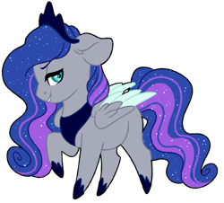 Size: 1024x924 | Tagged: safe, artist:azure-art-wave, oc, oc:andromeda, species:pegasus, species:pony, chibi, crown, ethereal mane, female, galaxy mane, jewelry, mare, peytral, raised hoof, regalia, simple background, solo, transparent background, two toned wings, wings