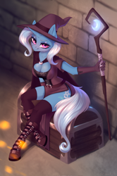 Size: 1890x2852 | Tagged: safe, artist:vincher, character:trixie, species:anthro, species:pony, species:unguligrade anthro, species:unicorn, bedroom eyes, boots, breasts, busty trixie, cleavage, clothing, commission, female, gloves, hat, hoof boots, lidded eyes, looking at you, looking up, mare, shoes, smiling, solo, staff, stockings, thigh highs, treasure chest, wizard, wizard hat