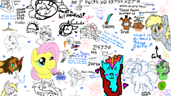 Size: 1920x1080 | Tagged: safe, artist:cutepencilcase, artist:fluffyxai, artist:jennithedragon, artist:rockiesmith, artist:sketch-leaderboard, character:derpy hooves, character:fluttershy, character:princess celestia, character:princess luna, oc, oc:bit rate, oc:earthen spark, oc:grassy blade, species:crab, species:deer, species:earth pony, species:kirin, species:pegasus, species:pony, species:unicorn, aggie.io, chibi, cute, drawpile disasters, food, gun, muffin, ponyfest, ponyfest online, silly, sword, taco, text, weapon