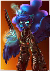 Size: 2480x3508 | Tagged: safe, artist:lrusu, character:princess luna, species:pony, doom, doom eternal, female, gun, high res, magic, powered exoskeleton, solo, tongue out, weapon