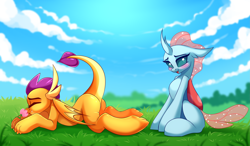 Size: 4777x2799 | Tagged: safe, artist:airiniblock, character:ocellus, character:smolder, species:changeling, species:dragon, species:reformed changeling, absurd resolution, beautiful, blushing, commission, cute, diaocelles, duo, eyes closed, female, flower, grass, grass field, implied lesbian, implied shipping, implied smolcellus, looking at you, open mouth, pretty, shipping fuel, smelling, smolderbetes, smolderriere