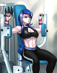 Size: 2250x2845 | Tagged: safe, artist:mykegreywolf, edit, character:princess luna, character:vice principal luna, species:human, my little pony:equestria girls, abs, armpits, belly, belly button, belly shirt, biceps, blacked, branded hem, cleavage window, clothing, female, gym, halter top, high res, midriff, muscles, pants, princess muscle moona, sitting, solo, sports bra, vice principal luna, vice principal muscle moona, workout, workout outfit