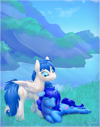 Size: 3300x4200 | Tagged: safe, artist:viwrastupr, oc, oc only, oc:delly, oc:graceful motion, species:pegasus, species:pony, species:unicorn, blushing, cute, date, happy, mountain, nature, outdoors, scenery, water