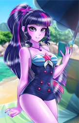 Size: 800x1237 | Tagged: safe, alternate version, artist:racoonsan, edit, editor:drakeyc, character:twilight sparkle, character:twilight sparkle (scitwi), species:eqg human, g4, my little pony: equestria girls, my little pony:equestria girls, adorasexy, anime, beach, beach babe, beautiful, blue swimsuit, book, clothing, color edit, colored, cute, female, geode of telekinesis, glasses, looking at you, magical geodes, nail polish, ocean, one-piece swimsuit, ponytail, sand, sexy, sexy egghead, skin color edit, sleeveless, smiling, solo, striped swimsuit, swimsuit, tricolor swimsuit, twiabetes