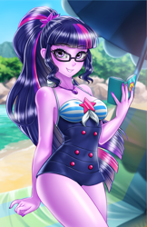 Size: 800x1237 | Tagged: safe, alternate version, artist:racoonsan, edit, editor:drakeyc, character:twilight sparkle, character:twilight sparkle (scitwi), species:eqg human, g4, my little pony: equestria girls, my little pony:equestria girls, adorasexy, anime, beach, beach babe, beautiful, blue swimsuit, book, clothing, color edit, colored, cute, female, geode of telekinesis, glasses, looking at you, magical geodes, nail polish, ocean, one-piece swimsuit, ponytail, sand, sexy, sexy egghead, skin color edit, sleeveless, smiling, solo, striped swimsuit, swimsuit, tricolor swimsuit, twiabetes
