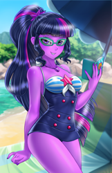 Size: 800x1237 | Tagged: safe, alternate version, artist:racoonsan, edit, editor:drakeyc, character:midnight sparkle, character:twilight sparkle, character:twilight sparkle (scitwi), species:eqg human, g4, my little pony: equestria girls, my little pony:equestria girls, adorasexy, anime, beach, beach babe, beautiful, blue swimsuit, book, clothing, color edit, colored, cute, female, geode of telekinesis, glasses, looking at you, magical geodes, midnight sparkle, nail polish, ocean, one-piece swimsuit, ponytail, sand, sexy, sexy egghead, skin color edit, sleeveless, smiling, solo, striped swimsuit, swimsuit, tricolor swimsuit, twiabetes