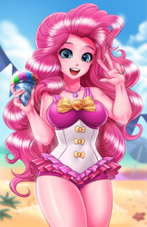 Size: 800x1237 | Tagged: safe, artist:racoonsan, edit, editor:drakeyc, character:pinkie pie, episode:too hot to handle, g4, my little pony: equestria girls, my little pony:equestria girls, adorasexy, anime, beach, beach babe, beautiful, bow swimsuit, clothing, color edit, colored, curvy, cute, diapinkes, female, frilled swimsuit, geode of sugar bombs, jewelry, looking at you, magical geodes, nail polish, necklace, one-piece swimsuit, open mouth, peace sign, pink swimsuit, sexy, skin color edit, smiling, snowcone, solo, standing, stupid sexy pinkie, swimsuit, thighs, tricolor swimsuit
