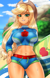 Size: 800x1237 | Tagged: safe, artist:racoonsan, edit, editor:drakeyc, character:applejack, equestria girls:forgotten friendship, g4, my little pony: equestria girls, my little pony:equestria girls, abs, adorasexy, applejack's hat, applejacked, beach, belly button, big breasts, breasts, busty applejack, clothing, color edit, colored, cowboy hat, cute, female, freckles, geode of super strength, hat, jackabetes, jewelry, looking at you, magical geodes, midriff, muscles, necklace, ocean, sand, sexy, skin color edit, solo, stupid sexy applejack, surfboard, swimsuit, thighs