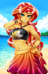 Size: 800x1237 | Tagged: safe, artist:racoonsan, edit, editor:drakeyc, character:sunset shimmer, equestria girls:forgotten friendship, g4, my little pony: equestria girls, my little pony:equestria girls, adorasexy, armpits, beach, beach babe, beautiful, beautisexy, belly button, bikini, bikini babe, black swimsuit, bracelet, breasts, busty sunset shimmer, clothing, cloud, color edit, colored, cute, cutie mark swimsuit, female, geode of empathy, hand on hip, jeweled swimsuit, jewelry, looking at you, magical geodes, midriff, necklace, praise the sunset, sand, sarong, sexy, shimmerbetes, skin color edit, sky, sleeveless, smiling, solo, stupid sexy sunset shimmer, summer sunset, sunset selfie, swimsuit, water