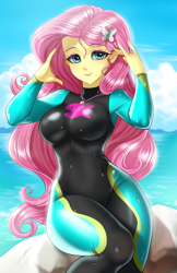 Size: 800x1237 | Tagged: safe, artist:racoonsan, edit, editor:drakeyc, character:fluttershy, equestria girls:forgotten friendship, g4, my little pony: equestria girls, my little pony:equestria girls, adorasexy, anime, barrette, beach, beach babe, beautiful, big breasts, blushing, breasts, busty fluttershy, clothing, cloud, color edit, colored, curvy, cute, equestria girls outfit, eyeshadow, female, geode of fauna, hairclip, hairpin, jewelry, looking at you, magical geodes, makeup, necklace, sexy, shyabetes, sitting, skin color edit, skintight clothes, smiling, solo, stupid sexy fluttershy, swimsuit, wet, wetsuit