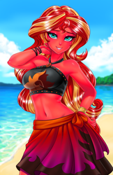 Size: 800x1237 | Tagged: safe, artist:racoonsan, edit, editor:drakeyc, character:sunset satan, character:sunset shimmer, equestria girls:forgotten friendship, g4, my little pony: equestria girls, my little pony:equestria girls, adorasexy, armpits, beach, beach babe, beautiful, beautisexy, belly button, bikini, bikini babe, black swimsuit, bracelet, breasts, busty sunset shimmer, clothing, cloud, color edit, colored, cute, cutie mark swimsuit, demon, female, geode of empathy, hand on hip, jeweled swimsuit, jewelry, looking at you, magical geodes, midriff, necklace, praise the sunset, sand, sarong, sexy, shimmerbetes, skin color edit, sky, sleeveless, smiling, solo, stupid sexy sunset shimmer, summer sunset, sunset satan, sunset selfie, swimsuit, water