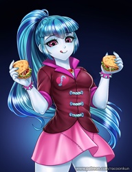 Size: 800x1042 | Tagged: safe, artist:racoonsan, edit, editor:drakeyc, character:sonata dusk, species:human, my little pony:equestria girls, bracelet, breasts, clothing, color edit, colored, cute, female, food, humanized, jewelry, licking, licking lips, nail polish, ponytail, skin color edit, skirt, smiling, solo, sonatabetes, sonataco, spiked wristband, taco, that girl sure loves tacos, tongue out, wristband