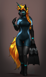 Size: 1425x2375 | Tagged: safe, artist:mykegreywolf, oc, oc only, oc:stirren, species:alicorn, species:anthro, species:pony, species:unguligrade anthro, alicorn oc, anthro oc, braid, clothing, ear piercing, female, flippers, horn, horn ring, mare, open mouth, piercing, solo, stripes, swimsuit, wetsuit, wing binder, wings