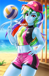 Size: 800x1237 | Tagged: safe, artist:racoonsan, edit, editor:drakeyc, character:rainbow dash, equestria girls:forgotten friendship, g4, my little pony: equestria girls, my little pony:equestria girls, adorasexy, anime, armpits, beach, beautiful, belly button, bikini, blue skin, board shorts, breasts, clothing, color edit, colored, cute, dashabetes, delicious flat chest, equestria girls outfit, female, fit, hand on hip, hat, legs, looking at you, midriff, rainbow flat, sexy, shorts, skin color edit, solo, sports, swimsuit, tankini, thighs, tomboy, volleyball